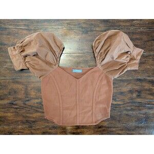 Anthropologie Reta Corset Top Small Puff Sleeve Knit Bodice V-Neck Rust Brown